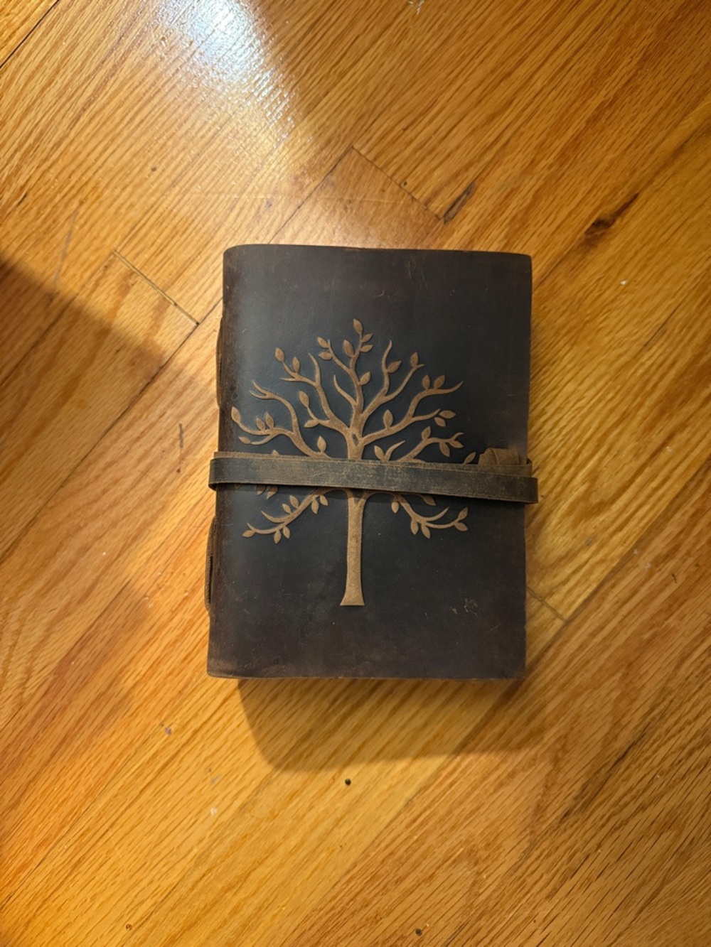 Tree Embossed Brown Leather Journal with Wrap Strap